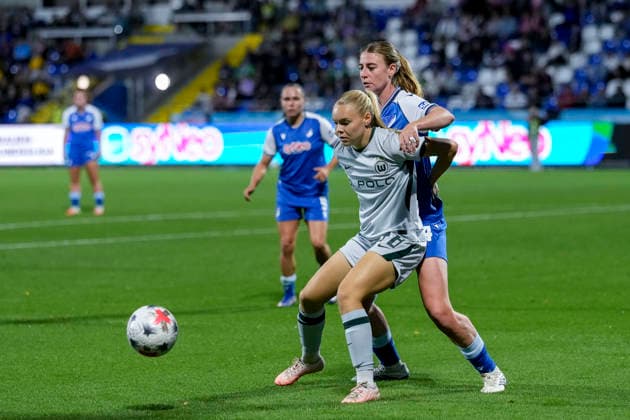 v li Anny Kerim Lindland Wolfsburg, 35, Lisa Doorn TSG, 14, tackle, game scene, duel, tackle, tackling, dynamics, action, 09 18 2026, Sinsheim, Hoffenheim, Germany, soccer, Google Pixel Women’s Bundesliga, TSG 1899 Hoffenheim vs. VfL Wolfsburg, DFB and DFL regulations prohibit any use of photographs as image sequences and or quasi-video xozx