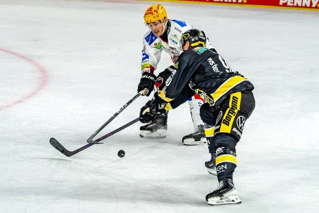 September 18, 2026, xkkux, Ice Hockey, DEL, Krefeld Pinguine vs. Fischtown Pinguins Bremerhaven, Matchday 1, 2026–27 Season, YAYLA Arena, Krefeld: Akito Hirose of the Fischtown Pinguins 02 battles Adam Payerl of the Krefeld Pinguine 90, North Rhine-Westphalia, Germany