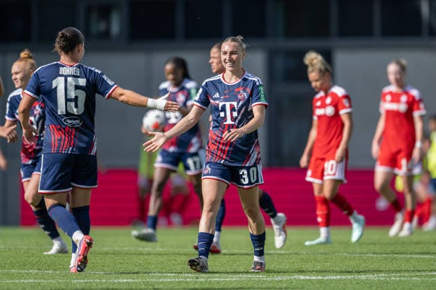 Amelie Bohnen (1 FC Cologne), 15, and Sophie Nachtigall (1 FC Cologne), 30, celebrate Beke Sterner’s (1 FC Cologne, 37; not pictured) goal that made it 3–2. GER, FC Bayern Munich Women vs. 1. FC Köln, soccer, Google Pixel Women’s Bundesliga, Matchday 5, 2026–2027 season, September 19, 2026 DFL DFB REGULATIONS PROHIBIT ANY USE OF PHOTOGRAPHS AS IMAGE SEQUENCES AND OR QUASI-VIDEO Photo: HMB Media, Heike Feiner Copyright: HMBxMedia HeikexFeiner