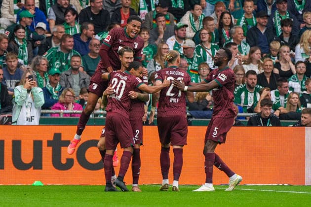Calvin Brackelmann (FC Augsburg), 2, scores to make it 0–2 for FC Augsburg; goal celebration, joy, emotion; German soccer, Bundesliga, 2026–27 season, Matchday 4, September 19, 2026; Werder Bremen vs. FC Augsburg, Weserstadion, Bremen Copyright: xLeonxFrickx