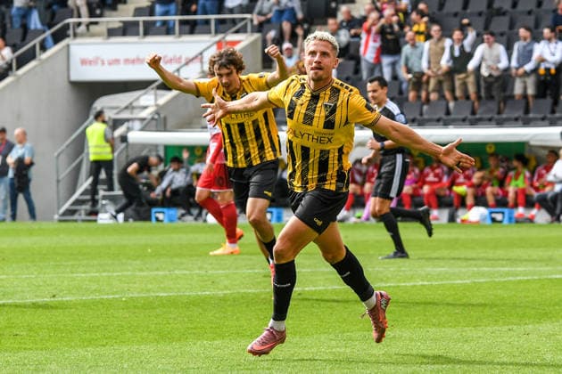Lukas Scepanik of Alemannia Aachen, 7, celebrates his goal to make it 1–0; celebration, goal celebration, scoring a goal, celebrate the goal, goal, celebration, celebrating the goal, optimistic, action, 19 September 2026, Aachen, Germany, soccer, 3rd Division, TSV Alemannia Aachen vs. Fortuna Düsseldorf, soccer, 3rd Division, TSV Alemannia Aachen vs. Fortuna Düsseldorf, DFB and DFL regulations prohibit any use of photographs as image sequences and or quasi-video xmhx