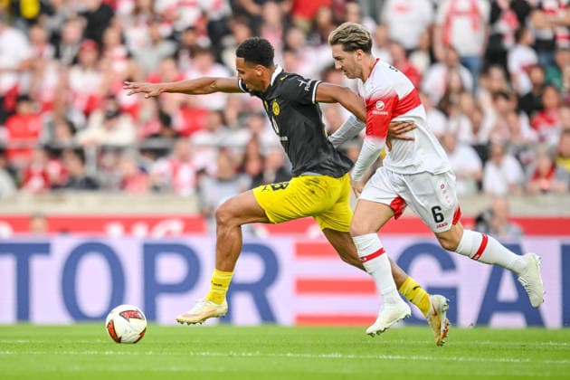 Felix Nmecha of Borussia Dortmund and Angelo Stiller of VfB Stuttgart battle for the ball during the Bundesliga match between VfB Stuttgart and Borussia Dortmund, MHPArena on September 19, 2026, in Stuttgart, Germany. Photo by Harry Langer, DeFodi Images. Felix Nmecha of Borussia Dortmund and Angelo Stiller of VfB Stuttgart battle for the ball during the Bundesliga match between VfB Stuttgart and Borussia Dortmund at MHPArena on September 19, 2026, in Stuttgart, Germany. Photo by Harry Langer, DeFodi Images. DFB and DFL regulations prohibit any use of photographs as image sequences and or quasi-video. Photo by Harry Langer, DeFodi Images. DFB and DFL regulations prohibit any use of photographs as imSEQUENCES AND OR QUASI-VIDEO