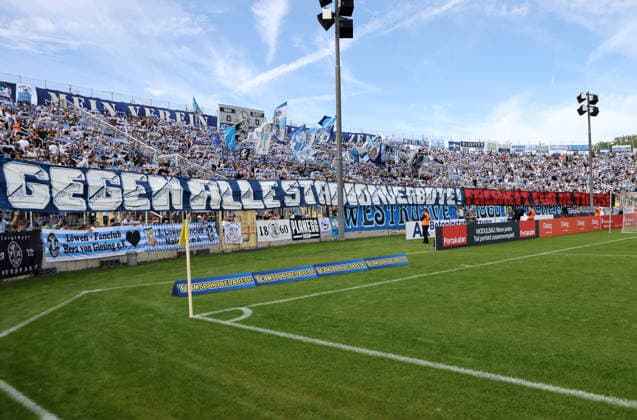 Soccer, Men s, Bavarian Regional League, 2026–2027 Season, TSV 1860 Munich vs. 1. FC Nuremberg II, Grünwalder Stadium banner in the West Stand, Against All Stadium Bans, Freedom for Ultras, Message, Ultras, TSV 1860 Munich