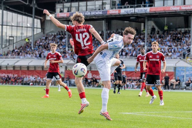 Battle for the Ball: Tackle between Luca Horst (1. FC Nuremberg II U23, 42) and Lance Fiedler (TSV 1860 Munich, 47, GER), TSV 1860 Munich vs. 1. FC Nuremberg II U23, soccer, Bavarian Regional League, Matchday 10, 2026–2027 season, September 20, 2026 DFL DFB REGULATIONS PROHIBIT ANY USE OF PHOTOGRAPHS as IMAGE SEQUENCES and or QUASI-VIDEO Photo: HMB Media, Heike Feiner Copyright: HMBxMedia HeikexFeiner
