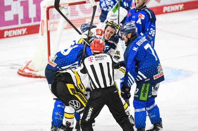 Straubing Tigers vs. Krefeld Pinguine, Ice Hockey, German Ice Hockey League, Penny DEL, Matchday 1, 2026–2027 Season, September 23, 2026: Alex Green, Simon Seidl, and Nicolas Beaudin of the Straubing Tigers in a scuffle with Adam Payerl and Tim Schuetz of the Krefeld Pinguine, Men’s Ice Hockey, German Ice Hockey League, Penny DEL, Matchday 1, 2026–2027 season on September 20, 2026, at the Eisstadion am Pulverturm, Straubing Tigers (blue) vs. Krefeld Pinguine (white)