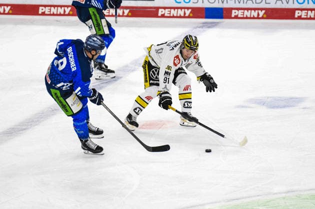 Straubing Tigers vs. Krefeld Pinguine, Ice Hockey, German Ice Hockey League, Penny DEL, Matchday 1, 2026–2027 Season, September 23, 2026: Stephan Daschner of the Straubing Tigers faces off against Roope Maekitalo of the Krefeld Pinguine, Men’s Ice Hockey, German Ice Hockey League, Penny DEL, Matchday 1, 2026–2027 season on September 20, 2026, at the Eisstadion am Pulverturm, Straubing Tigers (blue) vs. Krefeld Pinguine (white)