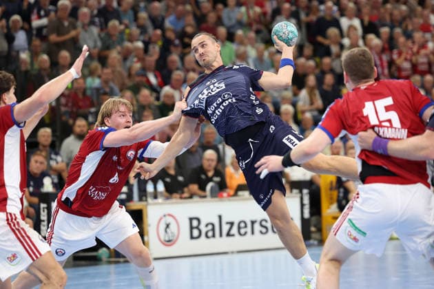 September 5, 2026, xBHAx, Handball, Opel HBL, 2026–2027 Season, 1st HBL, SG Flensburg-Handewitt vs. Handball Club Hamburg, GGW Arena, Kent Robin Tönnesen of SG Flensburg-Handewitt (No. 23) on the attack against Martin Hovde of Handball Club Hamburg (No. 81), Schleswig-Holstein, Germany
