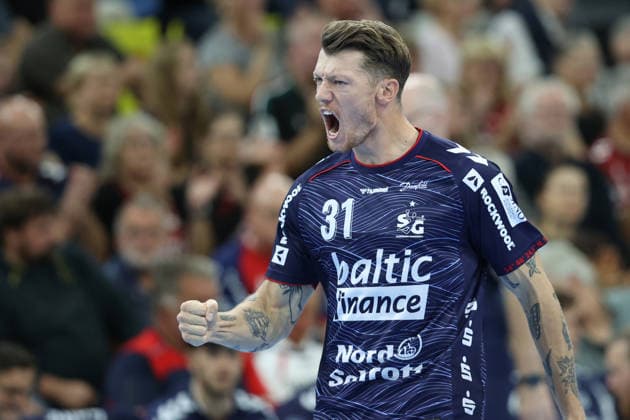 September 5, 2026, xBHAx, Handball, Opel HBL, 2026–2027 season, 1st HBL, SG Flensburg Handewitt vs. Handball Club Hamburg, GGW Arena Emil Jacobsen, SG Flensburg Handewitt 31, goal celebration, Schleswig-Holstein, Germany