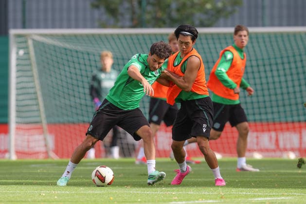 September 21, 2026, xtgx, Soccer, 2. Bundesliga, Hannover 96 Training, emspor, from left: Yunus Unal (Hannover), 24, Hayate Matsuda (Hannover), 27 Tackle, duel, battle, DFL DFB REGULATIONS PROHIBIT ANY USE OF PHOTOGRAPHS AS IMAGE SEQUENCES AND OR QUASI-VIDEO Hannover