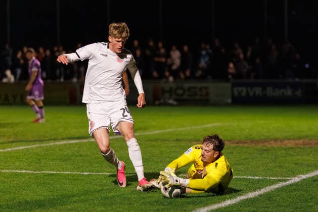 Maurice Merkl, 22, TSV Landsberg, and Benedikt Kuhn, 24, TSV Landsberg, during the match between TSV Landsberg and FC Ingolstadt 04, soccer, men s, Toto Cup, 2026–2027, quarterfinals on September 23, 2026, in Landsberg am Lech, Sportpark Bayern, Germany