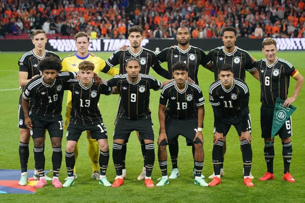 Germany team photo: Back row—Nico Schlotterbeck (Germany), goalkeeper Marc-André ter Stegen (Germany), Kai Havertz (Germany), Jonathan Tah (Germany), Felix Nmecha (Germany), Joshua Kimmich (Germany); front row—Karim Adeyemi (Germany), Philipp Treu Germany, Kevin Schade Germany, Nathaniel Brown Germany, Nadiem Amiri Germany Amsterdam, September 24, 2026, Netherlands vs. Germany, Nations League Matchday 1, Johan Cruijff Arena