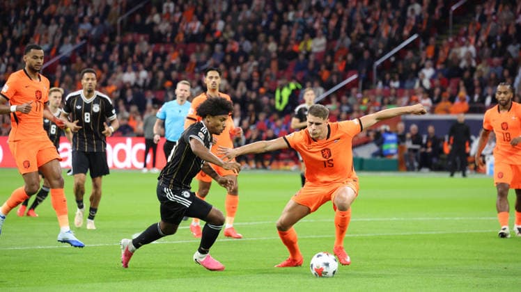 September 24, 2026, xrekx, Soccer, UEFA Nations League, Netherlands vs. Germany, Karim Adeyemi (Germany) vs. Micky van de Ven (Netherlands), tackle, action, battle for the ball, Amsterdam