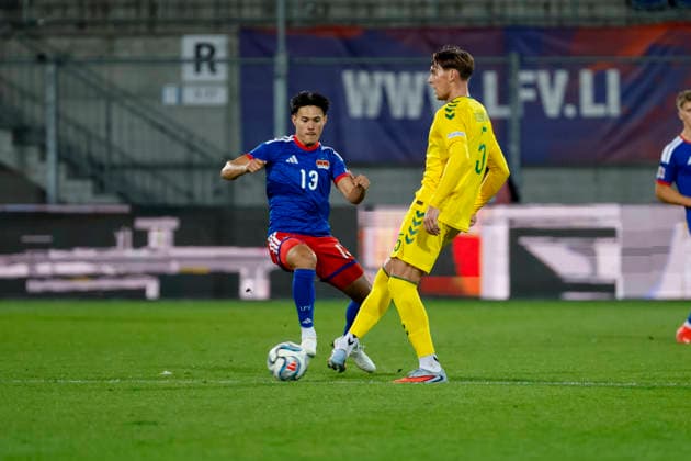Kenny Kindle (Liechtenstein), 13, and Kipras Kazukolovas (Lithuania), 05, Liechtenstein, UEFA, Nations League, Matchday 1, Liechtenstein vs. Lithuania, September 24, 2026, Vaduz Rheinpark Stadium, Liechtenstein Copyright: xGrantxHubbsx