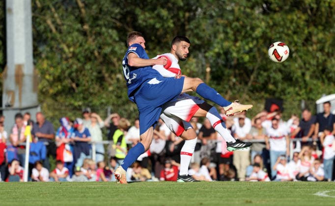 September 25, 2026 VfB Stuttgart vs. 1. FC Heidenheim Germany, Weinstadt, September 25, 2026, Soccer, Bundesliga, 2026–2027 season, Friendly match, VfB Stuttgart vs. 1. FC Heidenheim; Patrick Mainka (1. FC Heidenheim), Deniz Undav (VfB Stuttgart)