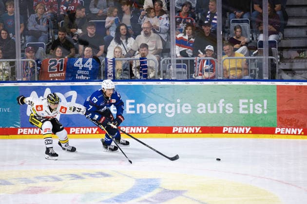 7 GILMOUR John (Adler Mannheim) battles for the puck with 22 MEBUS Oliver (Krefeld Pinguine) GER, Adler Mannheim vs. Krefeld Pinguine, Ice Hockey, PENNY DEL, Matchday 3, 2026–2027 Season, September 25, 2026 GER, Adler Mannheim vs. Krefeld Pinguine, Ice Hockey, PENNY DEL, Matchday 3, 2026–2027 Season, September 25, 2026 Germany Copyright: xEibner-Pressefoto LenaxUllrichx EP_LUH