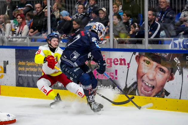 Battle for the Puck: Face-off between Kristian Blumenschein of the Düsseldorf EG (No. 8) and Thomas Reichel of the Ravensburg Towerstars, 27, GER, Ravensburg Towerstars vs. Düsseldorf EG, Ice Hockey, DEL2 Regular Season, Matchday 3, 2026–2027 Season, September 25, 2026, GER, Ravensburg Towerstars vs. Düsseldorf EG, Ice Hockey, DEL2 Regular Season, Matchday 3, 2026–2027 Season, September 25, 2026, Ravensburg Copyright: xEibner-Pressefoto MaximilianxRistx EP_MRT