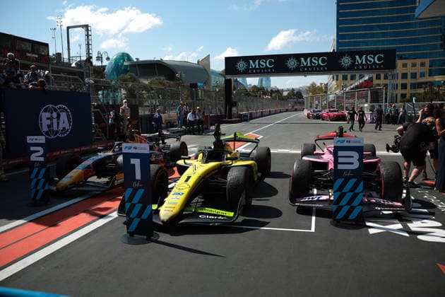 AUTO - FORMULA 2 2026 - BAKU Cars of CAMARA Rafael (bra), Invicta Racing, Dallara F2 2024, TSOLOV Nikola (bul), Campos Racing, Dallara F2 2024, DUNNE Alex (irl), Rodin Motorsport, Dallara F2 2024, during the 12th round of the 2026 FIA Formula 2 Championship from September 24 to 26, 2026 on the Baku City Circuit, in Baku, Azerbaijan - BakuAzerbaijan Copyright: xEricxAlonsox