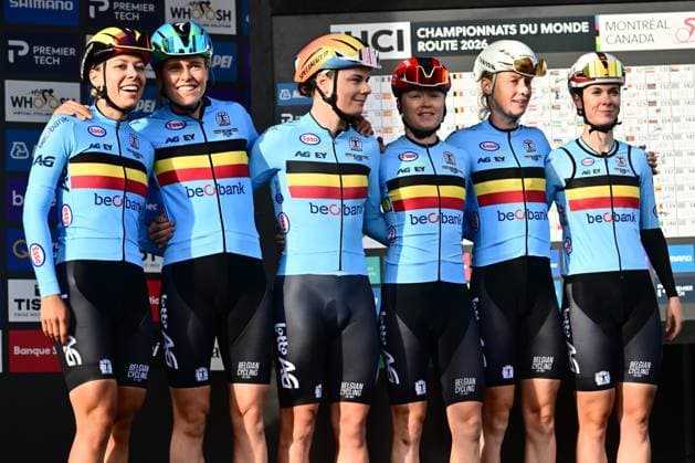 UCI 2026 Road World Championship, WM, Weltmeisterschaft Montreal 26 09 2026 MONTREAL, CANADA - SEPTEMBER 26 : Bossuyt Shari (BEL), Van De Velde Julie (BEL), Kopecky Lotte (BEL), Vanpachtenbeke Margot (BEL), Claes Lotte (BEL) and Tas Sandrine (BEL) during the Women Elite cycling road race of the 2026 UCI Road World Championships 93th edition an UCI World Championships cycling race of 180.1 km with start in Montreal and finish in Montreal on September 26, 2026 in Montreal, Canada, 26 09 2026 Montreal Canada Copyright: xPeterxDexVoechtx