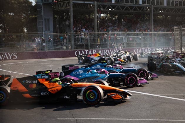 F1 - AZERBAIJAIN GRAND PRIX 2026 01 NORRIS Lando (gbr), McLaren F1 Team MCL40, action, 43 COLAPINTO Franco (arg), Alpine F1 Team A526, action, 10 GASLY Pierre (fra), Alpine F1 Team A526, action, 30 LAWSON Liam (nzl), Visa Cash App RB F1 Team VCARB03, action, 41 LINDBLAD Arvid (gbr), Visa Cash App RB F1 Team VCARB03, action crash after the restart during the 2026 Formula 1 Azerbaijan Grand Prix, 15th round of the 2026 Formula One World Championship, WM, Weltmeisterschaft from September 24 to 26, 2026 on the Baku City Circuit, in Baku, Azerbaijan - BakuAzerbaijan Copyright: xEricxAlonsox