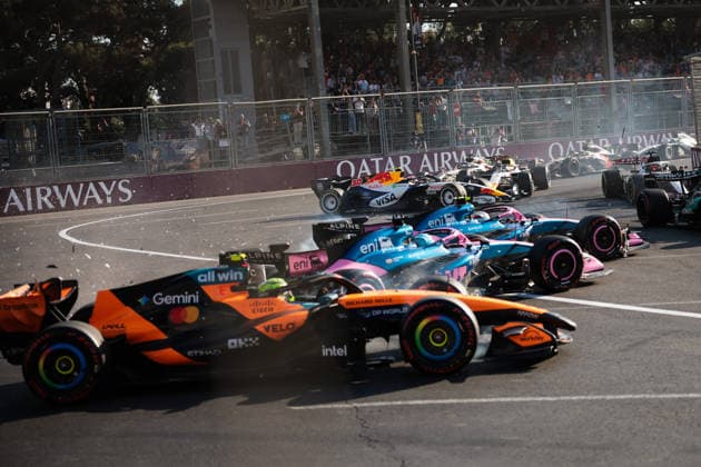 F1 - AZERBAIJAIN GRAND PRIX 2026 01 NORRIS Lando (gbr), McLaren F1 Team MCL40, action, 43 COLAPINTO Franco (arg), Alpine F1 Team A526, action, 10 GASLY Pierre (fra), Alpine F1 Team A526, action, 30 LAWSON Liam (nzl), Visa Cash App RB F1 Team VCARB03, action, 41 LINDBLAD Arvid (gbr), Visa Cash App RB F1 Team VCARB03, action crash after the restart during the 2026 Formula 1 Azerbaijan Grand Prix, 15th round of the 2026 Formula One World Championship, WM, Weltmeisterschaft from September 24 to 26, 2026 on the Baku City Circuit, in Baku, Azerbaijan - BakuAzerbaijan Copyright: xEricxAlonsox