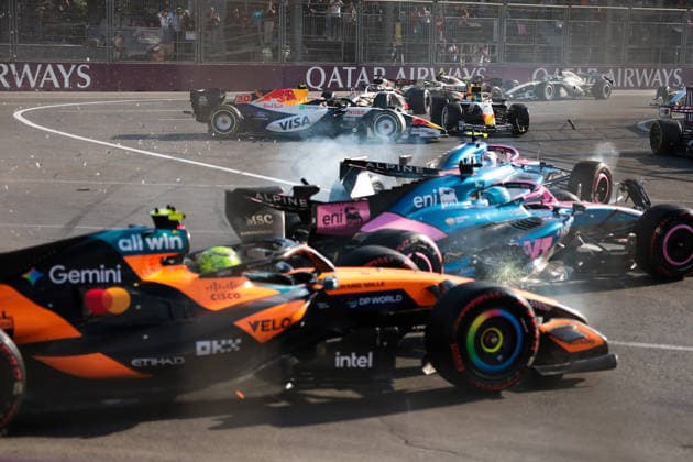 F1 - AZERBAIJAIN GRAND PRIX 2026 01 NORRIS Lando (gbr), McLaren F1 Team MCL40, action, 43 COLAPINTO Franco (arg), Alpine F1 Team A526, action, 10 GASLY Pierre (fra), Alpine F1 Team A526, action, 30 LAWSON Liam (nzl), Visa Cash App RB F1 Team VCARB03, action, 41 LINDBLAD Arvid (gbr), Visa Cash App RB F1 Team VCARB03, action crash after the restart during the 2026 Formula 1 Azerbaijan Grand Prix, 15th round of the 2026 Formula One World Championship, WM, Weltmeisterschaft from September 24 to 26, 2026 on the Baku City Circuit, in Baku, Azerbaijan - BakuAzerbaijan Copyright: xEricxAlonsox