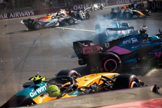 F1 - AZERBAIJAIN GRAND PRIX 2026 01 NORRIS Lando (gbr), McLaren F1 Team MCL40, action, 43 COLAPINTO Franco (arg), Alpine F1 Team A526, action, 10 GASLY Pierre (fra), Alpine F1 Team A526, action, 30 LAWSON Liam (nzl), Visa Cash App RB F1 Team VCARB03, action, 41 LINDBLAD Arvid (gbr), Visa Cash App RB F1 Team VCARB03, action crash after the restart during the 2026 Formula 1 Azerbaijan Grand Prix, 15th round of the 2026 Formula One World Championship, WM, Weltmeisterschaft from September 24 to 26, 2026 on the Baku City Circuit, in Baku, Azerbaijan - BakuAzerbaijan Copyright: xEricxAlonsox