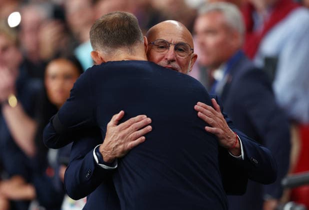 London, England, 26th September 2026. Thomas Tuchel, head coach of England and Luis de la Fuente, head coach of Spain, shake hands during the England vs Spain UEFA Nations League match at Wembley Stadium, London. Picture credit should read: Paul Terry Sportimage EDITORIAL USE ONLY. No use with unauthorised audio, video, data, fixture lists, club league logos or live services. Online in-match use limited to 120 images, no video emulation. No use in betting, games or single club league player publications. SPI_061_PT_England_Spain SPI-5020-0060