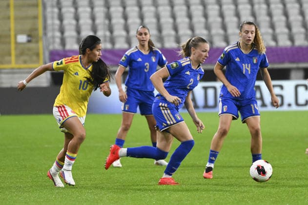 SOCCER - FIFA World Cup, WM, Weltmeisterschaft, Fussball - U-20 Women s - Italy vs. Colombia Photo by IPA ABACAPRESS.COM89005275 - Mariana Silva (COL), Caterina Venturelli (ITA), Lidia Consolini (ITA), and Sofia Testa (ITA) during the third-place match of the FIFA U-20 Women s World Cup between Italy and Colombia, held in Lódz, Poland, on September 26, 2026 Lodz Poland Copyright: xIPAxSport ABACAx