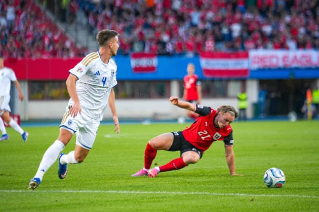 Soccer: Austria National Team, UEFA Nations League 2026–2027, League B, Group B3, Matchday 2, September 27, 2026: Austria (ÖFB) vs. Kosovo (FFK), Ernst Happel Stadium, Vienna, Austria; Ilir Krasniqi (Kosovo), 4; Patrick Wimmer (Austria), 21 Copyright: xLukasxBierederx