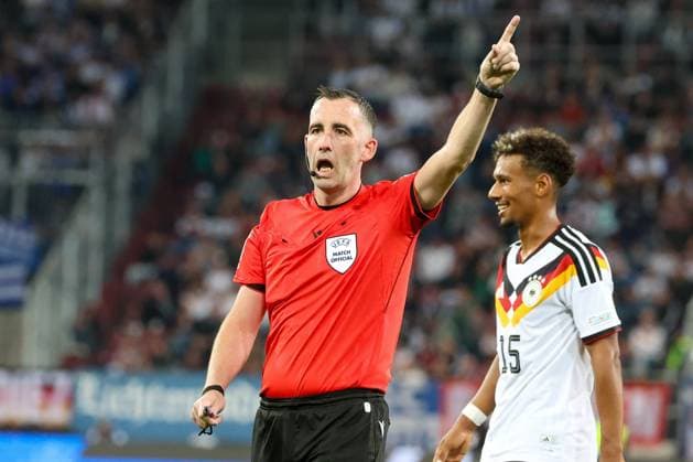 Referee Chris Kavanagh (ENG) with assistant referee Conte 15 (Germany), Germany vs. Greece, Soccer, DFL, DFB, UEFA Nations League, 2026–2027 season, group stage, Group B, Matchday 2 of 6, September 27, 2026, Augsburg, Bavaria, Germany Copyright: xkolbert-press MartinxAgüerax