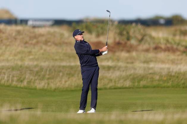 28th September 2026; The Old Course, St Andrews Links, St Andrews, Scotland; DP World Tour Golf, Alfred Dunhill Links Championship, Practice Day; Ian Poulter of England chips to the fourteenth green during a practice round DavidxYoung