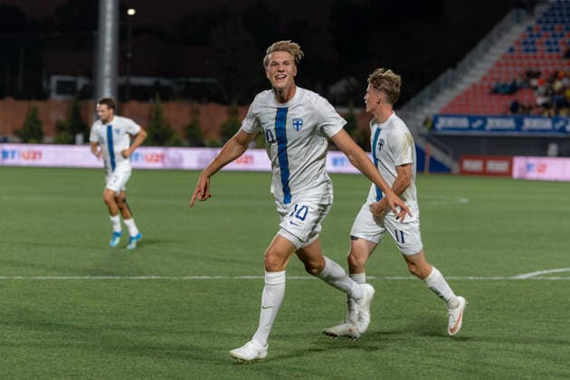 Romania v Finland, U21, U 21 Luka Hyrylainen celebrates after scoring his side first goal during the European Under-21 Championship 2027, Qualifying round game between Romania and Finland at Eugen Popescu stadium in Targoviste, Romania, 30 September 2026. ALEX NICODIM Imago Images Copyright: xAlexxNicodimx