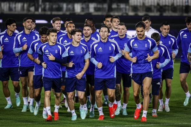 THESSALONIKI , 30-09-2026 , Toumba Stadium , season 2026 2027 , UEFA Nations League football , Picture shows players of Greece during the during the warming up press conference, PK, Pressekonferenz Greece and training in Thessaloniki x207758830x Copyright:
