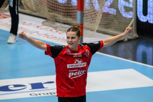Teresa von Prittwitz of Thueringer HC, 22, celebrating; GER, Thueringer HC vs. HSG Blomberg Lippe, handball, DHB Cup, 2026–2027 season, 2nd round, Wednesday, 7:00 p.m., September 30, 2026 GER, Thueringer HC vs. HSG Blomberg Lippe, Handball, DHB Cup, 2026–2027 season, Round 2, Wednesday, 7:00 p.m., September 30, 2026, Bad Langensalza Copyright: xMartinxHerbstx