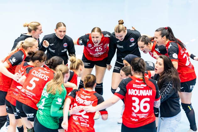 September 30, 2026, GER, Handball, Women, 2026–2027 Season, DHB Cup, Round 2 (Round of 16): Thuringer HC vs. HSG Blomberg Lippe. Thuringer HC wins the cup match against HSG Blomberg Lippe and celebrates. Pictured: Dilayla Alarslan (Thuringer HC, 38) and Jolina Huhnstock (Thuringer HC, 45), Anna Szabo (Thüringer HC, 26), 99947 Bad Langensalza, Salza Halle, Mehrz Sports Hall, Thuringia, Germany