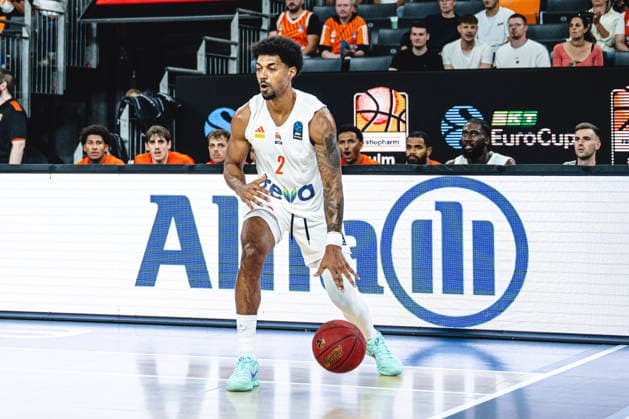 Ibi Watson of ratiopharm ulm controls the ball during the 2026–2027 BKT EuroCup game between ratiopharm ulm and Balkan Botevgrad at ratiopharm Arena on September 30, 2026, in Neu Ulm, Germany. Photo by Harry Langer, DeFodi Images