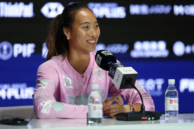 (261001) -- BEIJING, Oct. 1, 2026 -- Zheng Qinwen attends the press conference, PK, Pressekonferenz after the women s singles first round match between Zheng Qinwen of China and Shi Han of China at 2026 China Open tennis tournament in Beijing, China, Oct. 1, 2026. ) (SP)CHINA-BEIJING-TENNIS-CHINA OPEN-WOMEN S SINGLES(CN) BaixXuefei