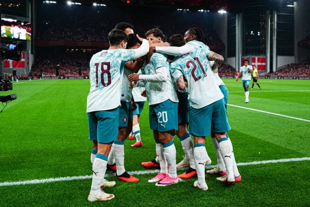 Portugal Celebrates Goal to Make It 0-1 by João Cancelo, Portugal, October 20, Denmark vs. Portugal, Soccer, UEFA Nations League A, Group 4, Matchday 3, 2026–2027 Season, October 1, 2026, DEN, Denmark vs. Portugal, Soccer, UEFA Nations League A, Group 4, Matchday 3, 2026–2027 Season, October 1, 2026, Copenhagen Copyright: xEibner-Pressefoto MarcelxvonxFehrnx EP_MFN