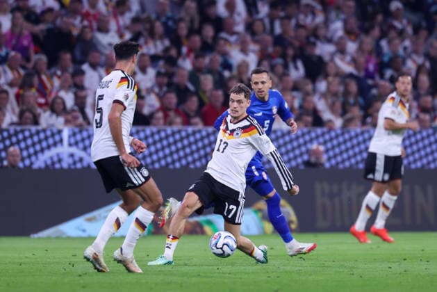 Philipp Treu (Germany), 13, with the ball, alongside Aleksandar Pavlovic (Germany), 05, and Nemanja Maksimovic (Serbia), 05, GER, Germany vs. Serbia, soccer, UEFA Nations League, Matchday 3, 2026–2027 season, October 1, 2026, GER, Germany vs. Serbia, soccer, UEFA Nations League, Matchday 3, 2026–2027 season, October 1, 2026, Munich Copyright: xEibner-Pressefoto JennixMaulx EP_JML