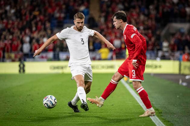 RECORD DATE NOT STATED 1st October 2026; Cardiff City Stadium, Cardiff, Wales; UEFA Nations League Football, Wales versus Norway; Neco Williams of Wales flicks the ball past Kristoffer Ajer of Norway GodfreyxPitt