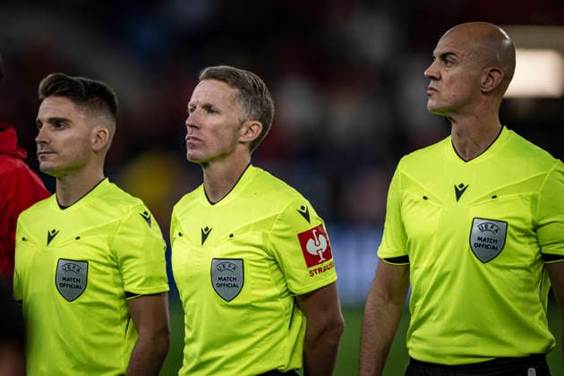 RECORD DATE NOT STATED 1st October 2026; Cardiff City Stadium, Cardiff, Wales; UEFA Nations League Football, Wales versus Norway; Referee Alejandro Hernandez (ESP) with assistant referees Jose Naranjo (ESP) and Diego Sanchez Rojo (ESP) GodfreyxPitt