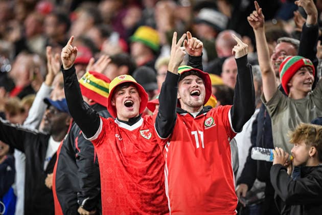 RECORD DATE NOT STATED 1st October 2026; Cardiff City Stadium, Cardiff, Wales; UEFA Nations League Football, Wales versus Norway; Wales fans wave towards the Norway fans GodfreyxPitt