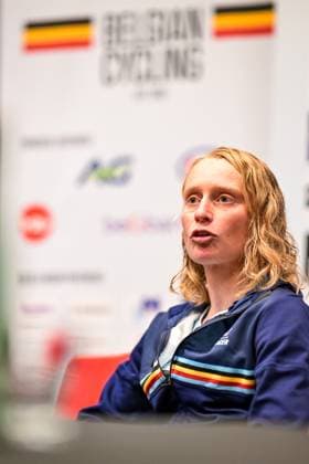 Belgian Lotte Claes is pictured during a press conference, PK, Pressekonferenz ahead of the cycling European Championships, in Ljubljana, Slovenia, Friday 2 October 2026. The UEC road championships are taking place from 03 to 07 October. DAVIDxPINTENS x188532859x