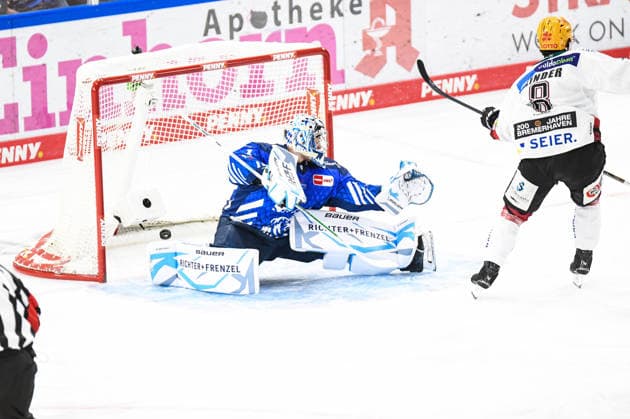 Florian Bugl s Straubing Tigers are defeated; Nino Kinder s Pinguins Bremerhaven win; Men s Ice Hockey, German Ice Hockey League, Penny DEL, Matchday 5, 2026–2027 season on October 2, 2026, at the Eisstadion am Pulverturm, Straubing Tigers (blue) vs. Pinguins Bremerhaven (white)