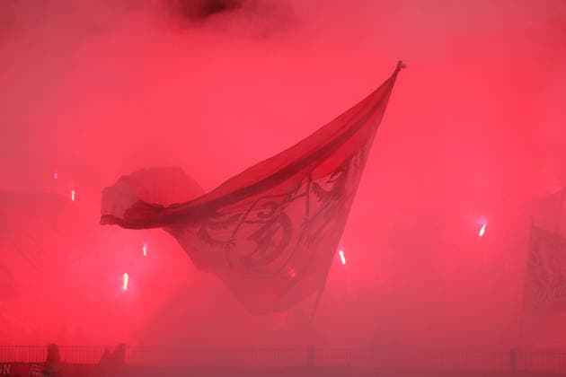 October 2, 2026 Men s Soccer 2026–2027 dachbleche24 State Cup, 2nd Round: SG Reppichau vs. Hallescher FC at Paul Greifzu Stadium, Dessau-Roßlau. An HFC flag in the fog from the pyrotechnics. Dessau-Roßlau, Saxony-AnhaltOld Germany