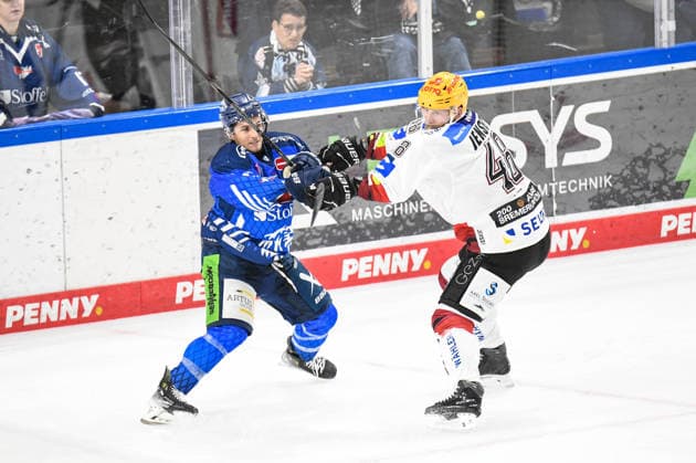 Straubing Tigers vs. Pinguins Bremerhaven, Ice Hockey, German Ice Hockey League, Penny DEL, Matchday 5, 2026–2027 Season, October 2, 2026: Nicholas Halloran of the Straubing Tigers battles Nicolas Jensen of the Pinguins Bremerhaven, Men’s Ice Hockey, German Ice Hockey League, Penny DEL, Matchday 5, 2026–2027 Season on October 2, 2026, at the Eisstadion am Pulverturm, Straubing Tigers (blue) vs. Pinguins Bremerhaven (white)