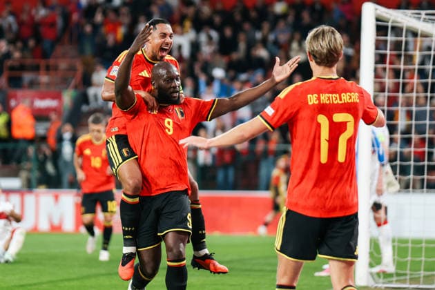 LIEGE, BELGIUM - OCTOBER 02: Youri Tielemans (Belgien, 8) Romelu Lukaku (Belgien, 9) celebrates after scoring the 3:0 UEFA Nations League match between Belgium and Türkiye at Stade Maurice Dufrasne on October 02, 2026 in Liege, Belgium. Copyright: xNatachaxFreisenx
