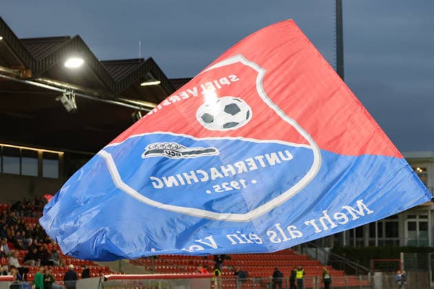 October 2, 2026, Soccer, Men s, Bavarian Regional League, 2026–2027 Season, Matchday 12: SpVgg Unterhaching vs. FC Schweinfurt 05; SpVgg Unterhaching flag featuring the SpVgg logo; stock image of Unterhaching, Uhlsport Park, Unterhaching, Bavaria, Germany