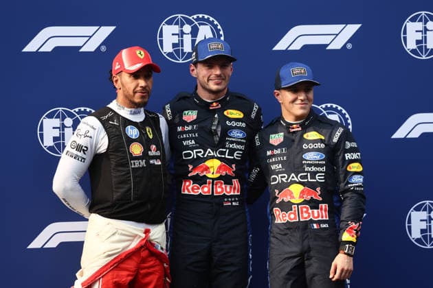 F1 Bahrain Grand Prix In Malaysia - Qualifying SEPANG, MALAYSIA - OCTOBER 3: Lewis Hamilton of Ferrari, pole sitter Max Verstappen and Isack Hadjar of Red Bull Racing after the qualifying ahead of the Formula 1 Bahrain Grand Prix at Sepang International Circuit in Sepang, Malaysia on October 3, 2026. Jakub Porzycki Anadolu Sepang Malaysia. Editorial use only. Please get in touch for any other usage. Copyright: x2026xAnadoluxJakubxPorzyckix