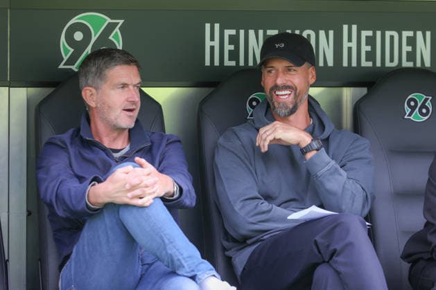 October 3, 2026, xtgx, soccer exhibition match, Hannover 96 vs. SC Verl, from left: Ralf Becker (Hannover), sporting director, Sandro Wagner, Hannover, coach, laughing, smiling, positive, satisfied. DFL and DFB regulations prohibit any use of photographs as image sequences and or quasi-video. Hannover